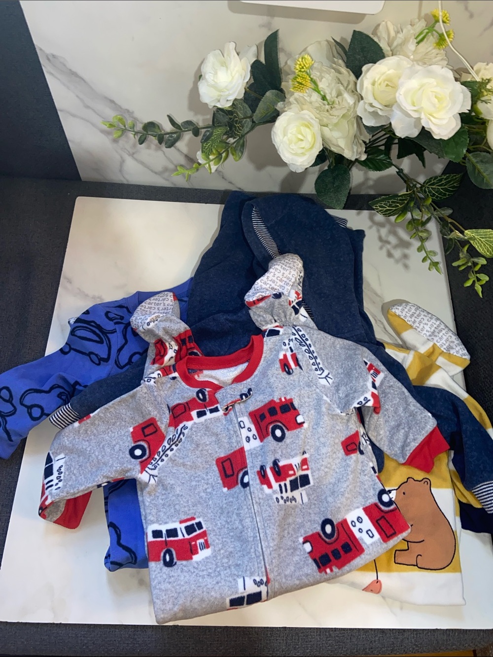 Carter's Gray & Red Fire Truck Footie One-Piece Pajama Bundle Set of 4